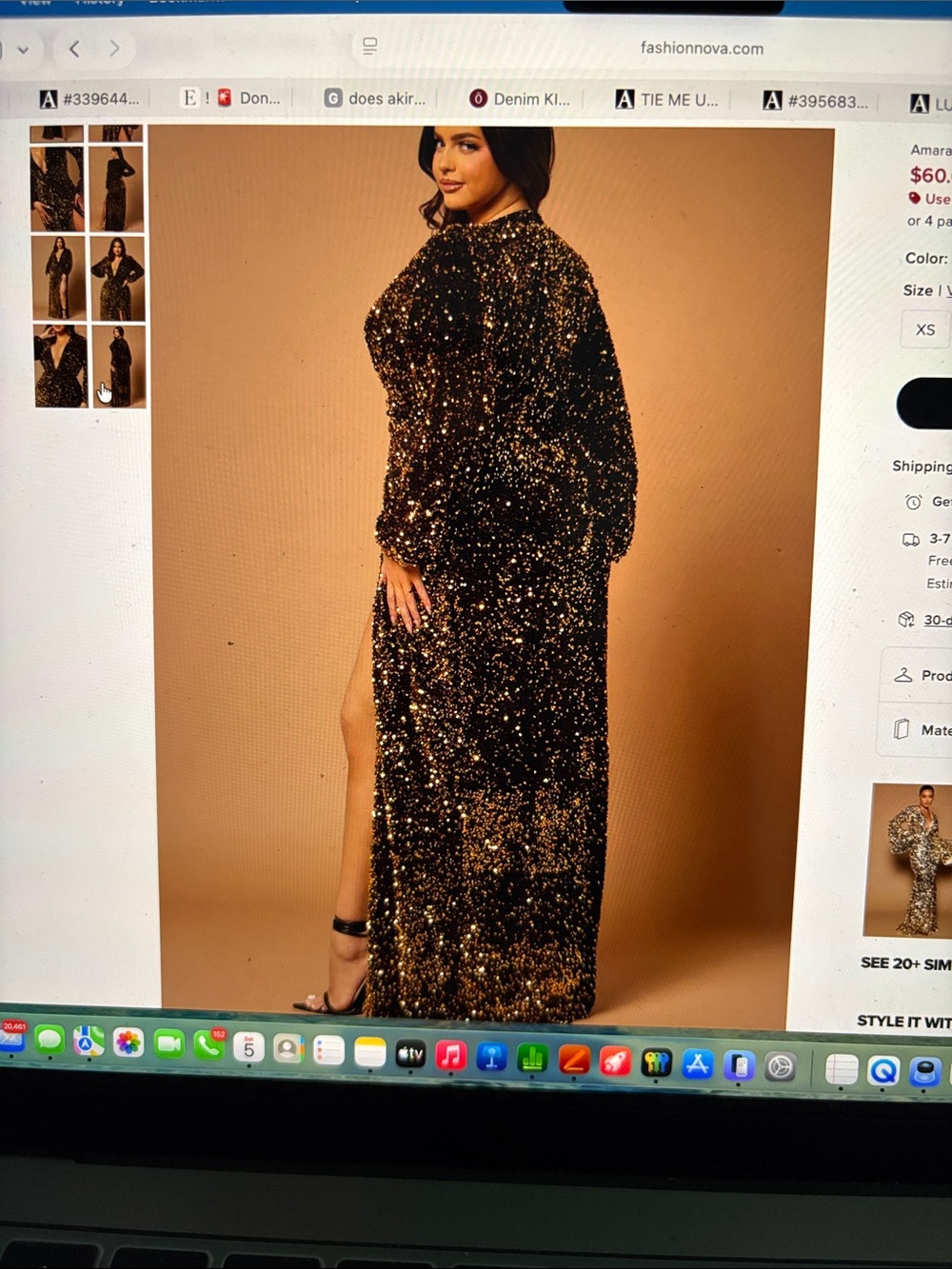 Fashion Nova Gold Sequin Deep V Long Sleeve Maxi Dress - Picture 2 of 3